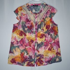 Cable & Gauge Sleeveless Button Top Women Large Multicolor Floral Lace Fairy 00s